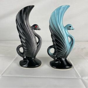 Vintage Art Deco Swan Vases Black & Blue Pair